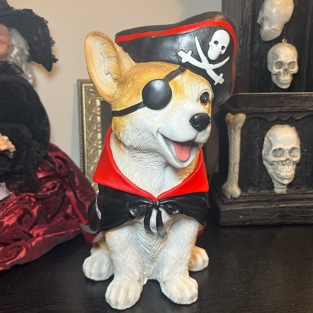 Halloween Corgi Dog in Pirate Eye Patch Hat Costume Decor Figurine